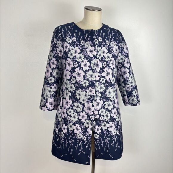 Talbots Womens 6 Jacquard Navy Pink Daisy Floral Thick Jacket Blazer - Picture 1 of 8